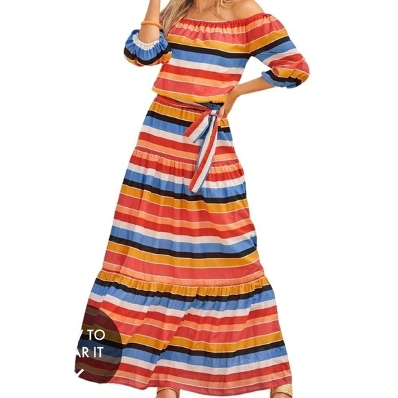 Boston Proper NWT Multi Stripe Off the Shoulder Tiered Maxi Dress Summer Size S - Picture 10 of 10